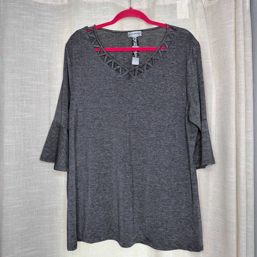 Catherines Bell Sleeve Lattice Neck Striped Grey Top Stretch Women's Size 1X